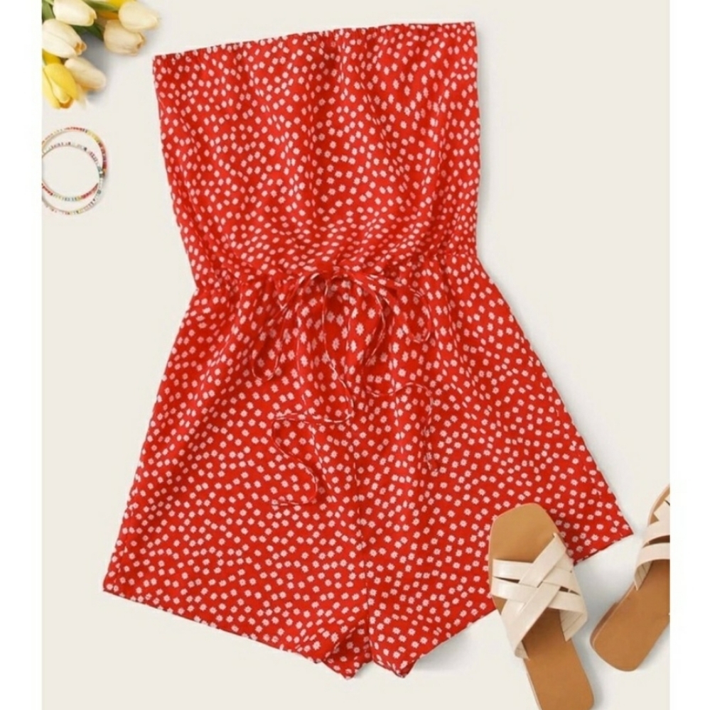 Fun, Strapless, Floral Romper with Waist Tie